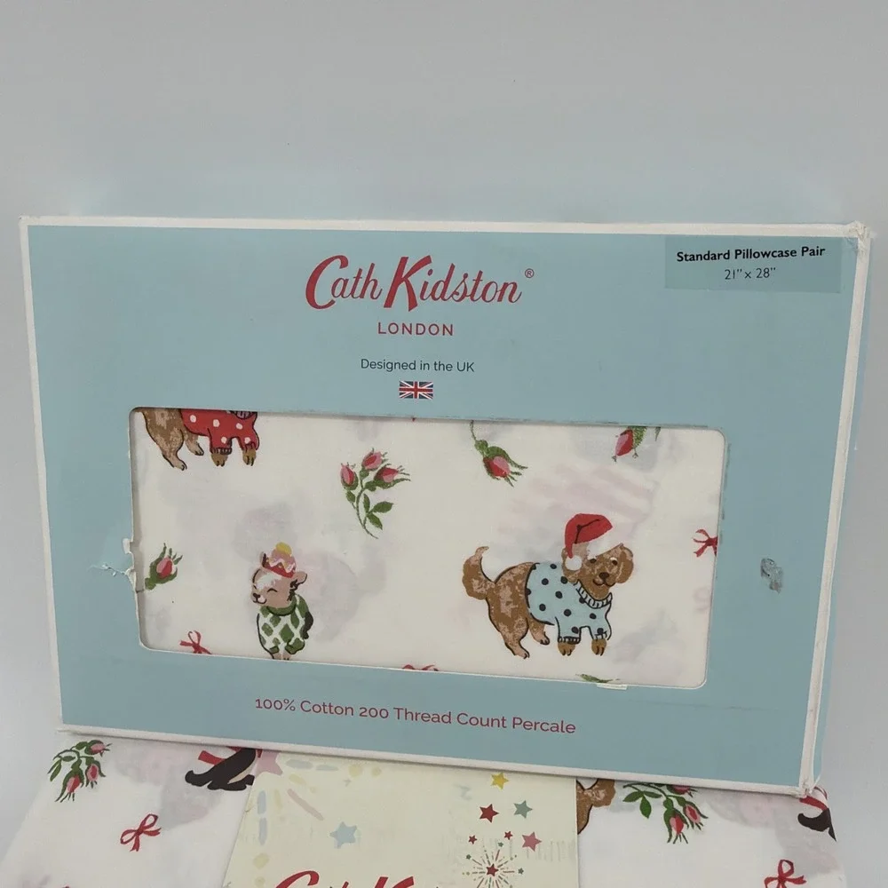 Cath Kidston London 6pc QUEEN Cotton Christmas ~ PUPPY LOVE PINK ~ Sheet Set New